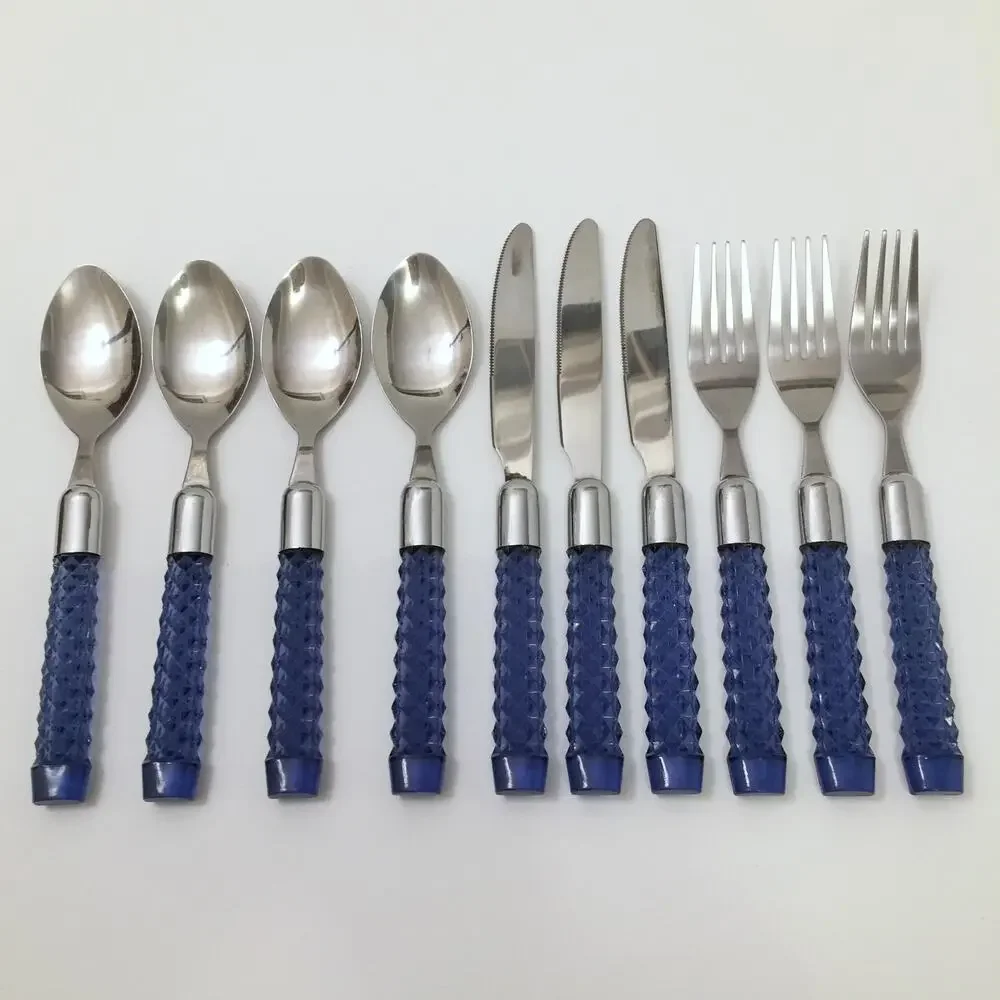 Lot of 10 Lucite Acrylic Plastic Handle Flatware Blue Faceted Diamond